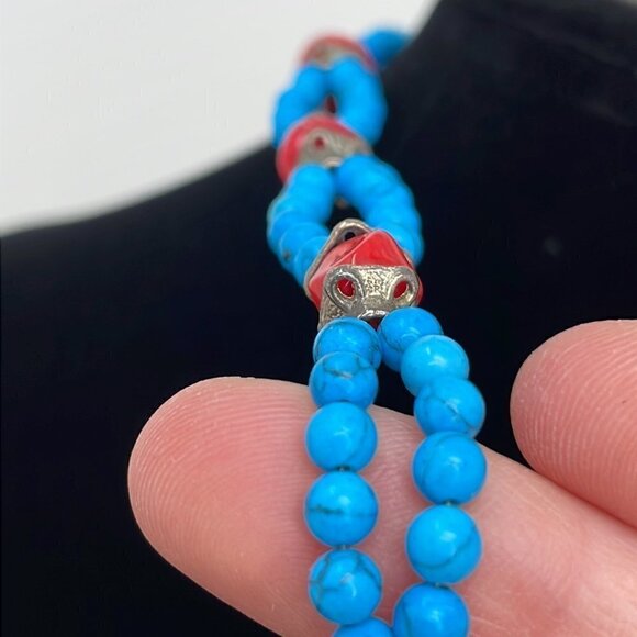 Beaded Necklace Pendant 3 Rings Blue Red Gold 10 Inches - Picture 8 of 8